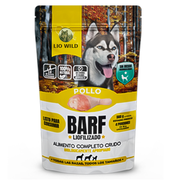 Alimento para perros barf liofilizado carne, pollo o salmón en hamburguesa