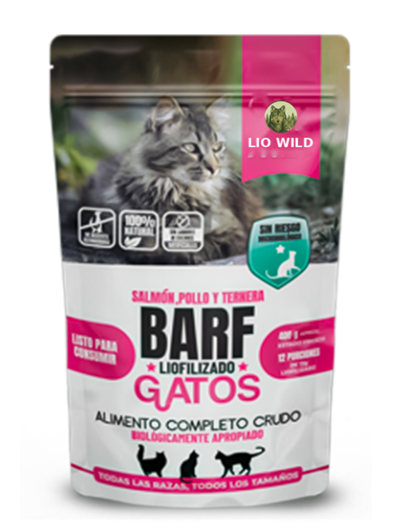 Alimento para gatos barf liofilizado salmón, pollo y ternera en hamburguesa
